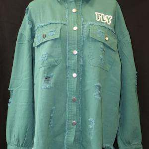 Oversized Distressed Green Denim “FLY” Button-Up